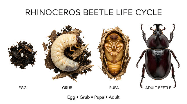 Diagram illustrating the complete life cycle of a rhinoceros beetle, showing the stages from egg to grub, pupa, and finally the adult beetle, with labels for each stage
