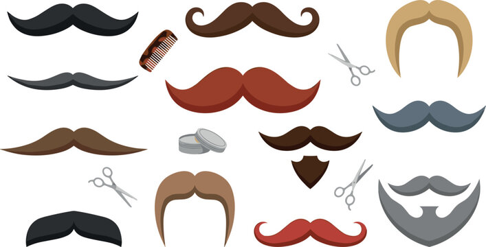 Mustache vector icon set with different facial hair styles comb scissors beard and grooming wax elements for barbershop and gentleman graphics