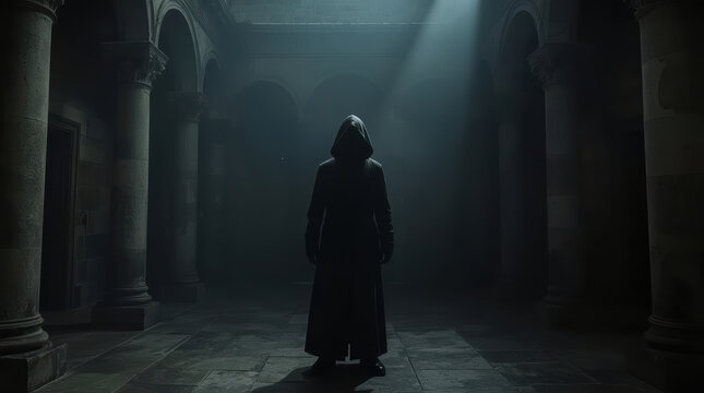 Hooded figure in shadowed ancient hall under narrow beam of light