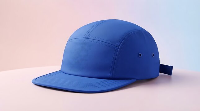 A vibrant blue five-panel baseball cap with a flat brim, resting on a light surface against a soft gradient background.