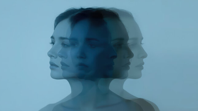 Woman portrait showing arising and cessation of emotion through layered blue exposure