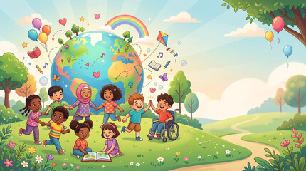 Fototapeta premium World Children’s Day Celebration with Diverse Children in Colourful 2D Cartoon Illustration