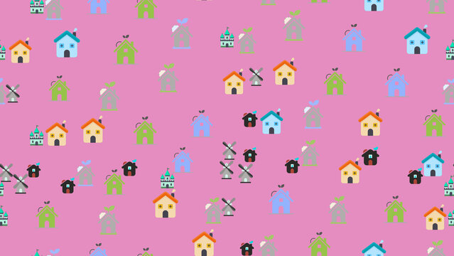 Pattern of stylized houses, windmills, and castle icons