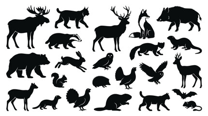 Obraz premium Collection of black woodland animal silhouettes isolated on a white background including moose, bear, fox, deer, owl, and badger for wildlife graphic design and nature projects.