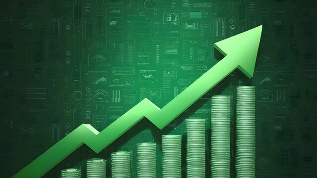 Financial growth concept with rising green arrow and stacked coins representing increasing profit investment returns business success revenue growth economic progress and wealth accumulation