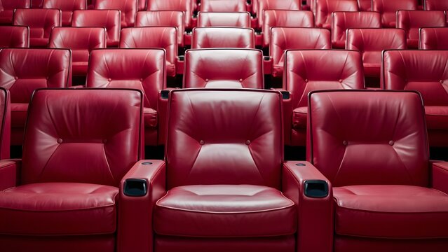 Empty movie theater with rows of luxurious red leather cinema seats in modern auditorium representing entertainment film screening multiplex interior audience seating and cinematic experience