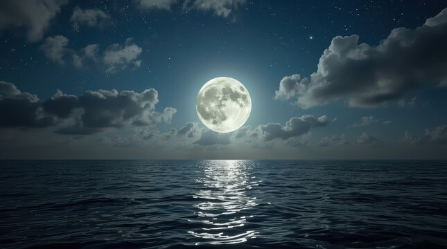 Luminous moon over ocean beneath clouds and stars
