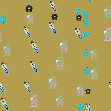 Stylized houses and rockets pattern