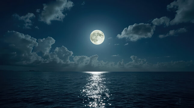 Luminous moon over calm ocean horizon beneath dramatic cloud
