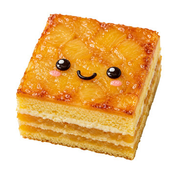 Square pineapple cake slice with cute smiling face food preparation