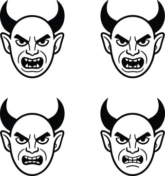 Set of four black and white devil face icons for halloween designs