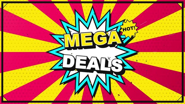 Dynamic Retro Comic Book Animation With Mega Deals Text Bursting On Vibrant Red And Yellow Starburst Background