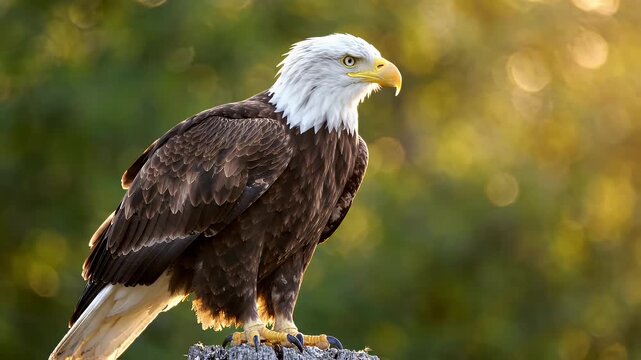 Majestic Bald Eagle Perched on Weathered Post in Golden Light - A majestic bald eagle with striking white head and vivid brown plumage is perched on a weathered wooden post.