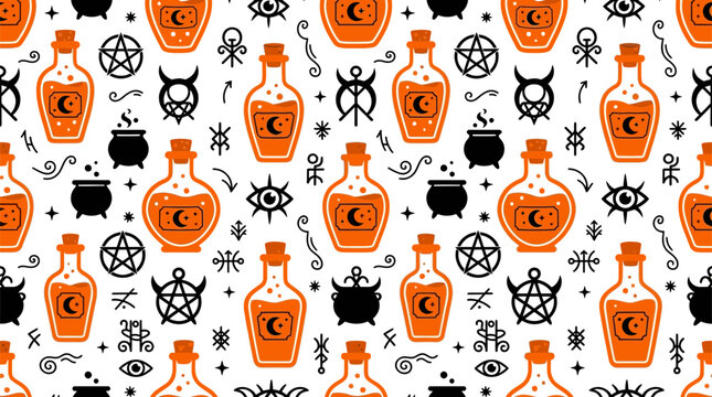 Seamless Pattern with Witchcraft Potions and Occult Symbols
