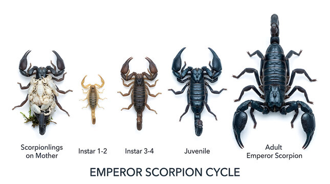 The emperor scorpion life cycle illustrated with five stages: scorpionlings on mother, instar 1-2, instar 3-4, juvenile, and adult emperor scorpion