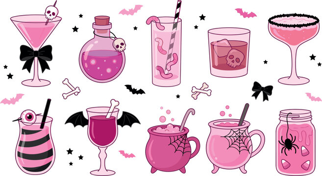 Cute Halloween pink cocktails and spooky witch potion vector set with skulls spider webs bats candy corn and cauldrons for party invitations and graphics