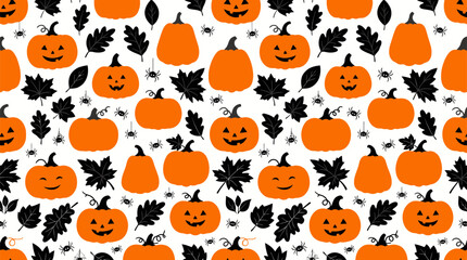 Obraz premium Seamless Halloween Pattern with Jack-o'-lanterns and Black Leaves