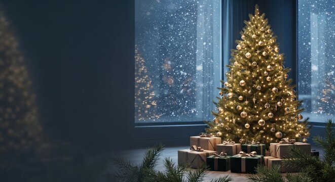 Decorated christmas tree with golden lights and baubles standing in a dark room, with wrapped gift boxes on the floor and a snowy window view in the background