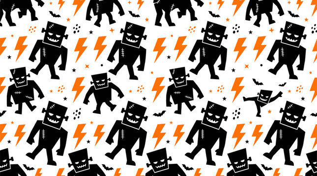 Seamless Halloween Pattern with Cute Monsters and Lightning Bolts