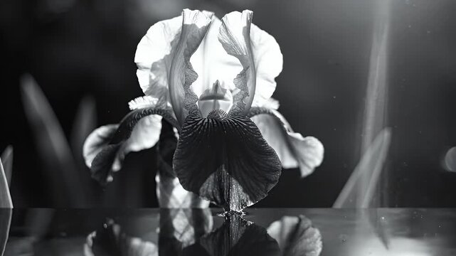 Mystical Black and White Iris Flower Reflection - A single iris flower is captured in striking black and white, its delicate petals illuminated by soft light.