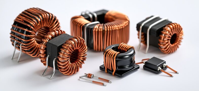 Various electronic inductors and coils on white background