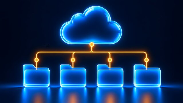 Glowing blue cloud computing network with connected data folders, futuristic digital file storage and server architecture concept, 3d rendering