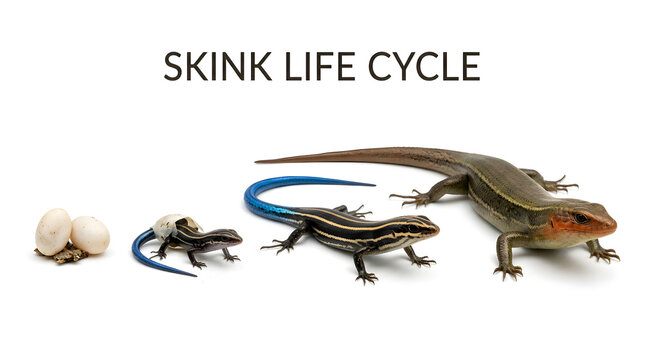 The skink life cycle illustrated with four stages: eggs, a hatchling, a juvenile with a blue tail, and an adult skink