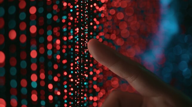 Finger touching glowing digital screen lights