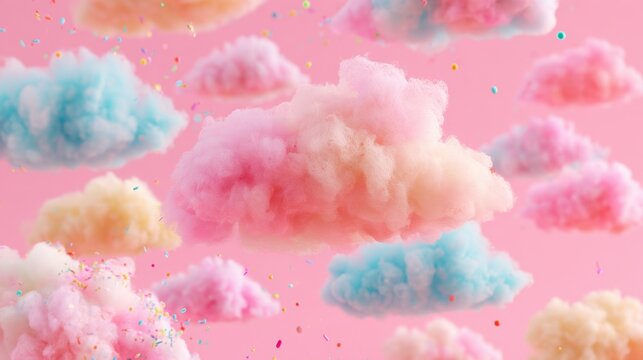 Soft pastel fluffy cotton candy clouds floating against vibrant pink background with colorful sprinkles in whimsical dreamlike scene