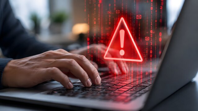 Cybersecurity warning alert displayed over laptop while person types on keyboard representing cyber attack malware data breach system error network security risk online threat detection and digital pr