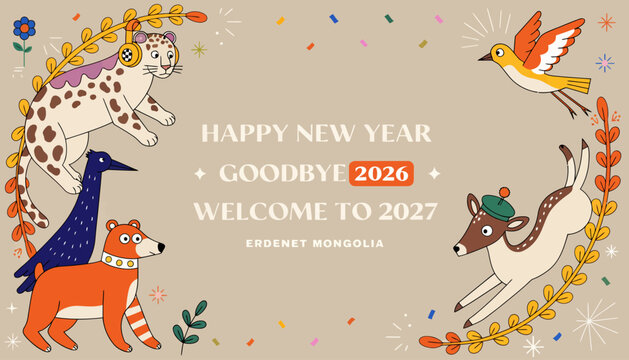 Happy New Year 2027 Goodbye 2026 Cute Animals Illustration Border with Confetti and Foliage - Erdenet Mongolia Greeting Card