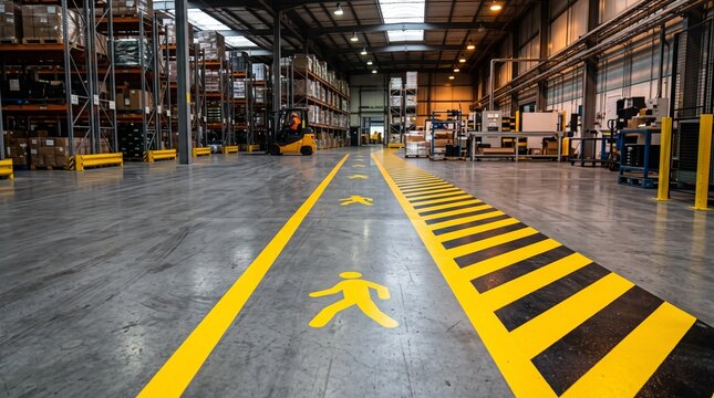 Yellow hazard stripes and pedestrian walkway markings on a warehouse concrete floor.