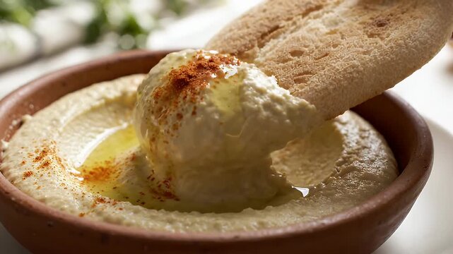 Delicious Hummus Dip With Pita Bread and Olive Oil - A close-up shot shows a rich hummus dip in a terracotta bowl, drizzled with olive oil and sprinkled with paprika.