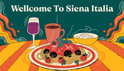 Obraz premium Welcome Siena Italia Plate Spaghetti Pasta Meal, Wine Glass, Hot Coffee Mug, Food Restaurant Italian Cuisine