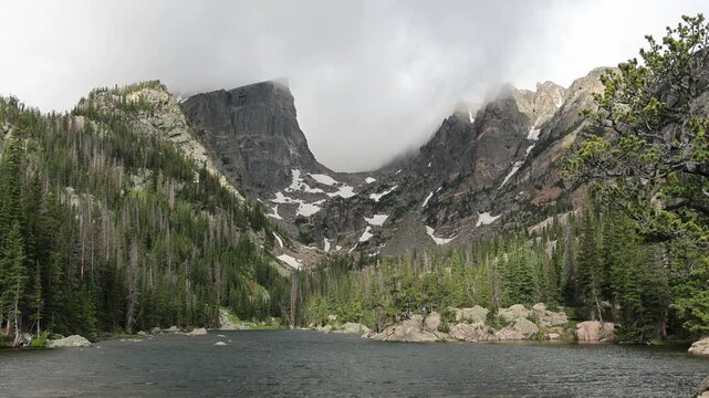 Mountain lake with snow patches and pine trees.