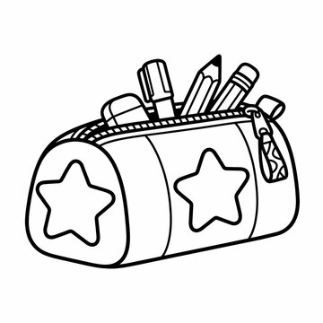 Cute school pencil pouch case vector line art icon for coloring page