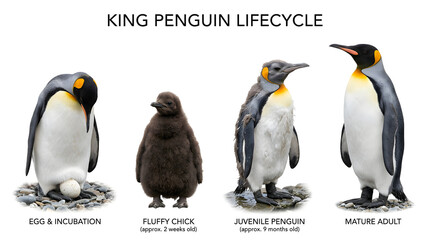 Obraz premium King penguin lifecycle, showing the stages from egg to mature adult. The image depicts four distinct phases: egg & incubation, fluffy chick, juvenile penguin, and mature adult.