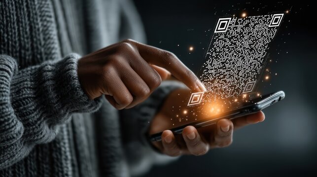 Hand interacts with digital display emitting light over a smartphone with a QR code