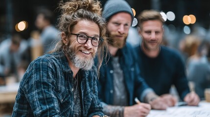 Fototapeta premium Three diverse men collaborate indoors, one smiling at camera. Blurry background shows others