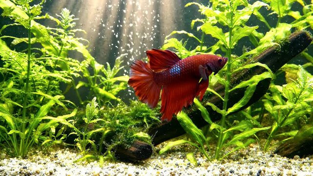 Red Betta Fish Swimming Amongst Green Aquarium Plants - A vibrant red betta fish gracefully swims through lush green aquatic plants, illuminated by sunlight filtering from above.