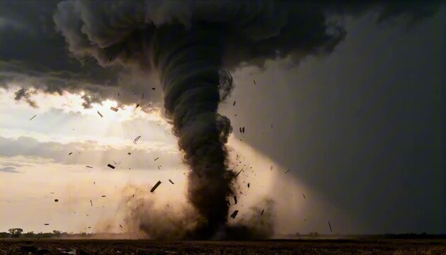 dark tornado funnel cloud touching ground with dust and debris