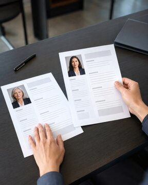 Overhead view of hands comparing two resumes with women?s headshots, illustrating candidate evaluation, hiring decisions, and age-inclusive workplace diversity.