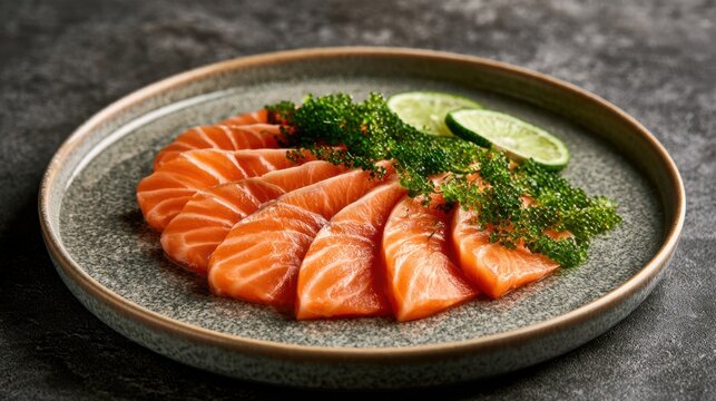 Fresh raw salmon slices arranged on ceramic plate with herbs and lime slices on dark textured surface for healthy meal presentation
