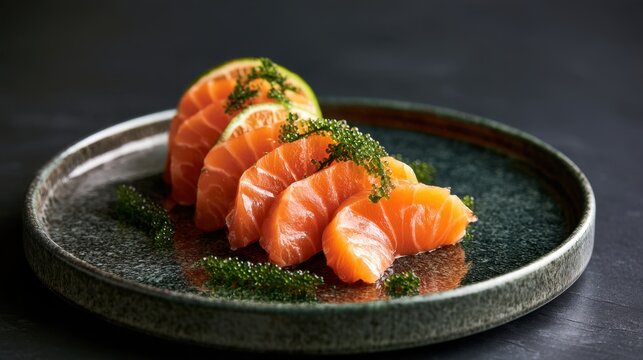 Fresh raw sliced salmon fish served on dark ceramic plate with green seaweed and lemon slice garnish for seafood meal