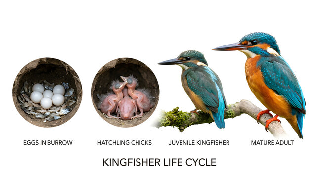 The kingfisher life cycle: from eggs in a burrow to hatchling chicks, a juvenile kingfisher, and a mature adult kingfisher