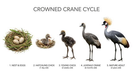 Obraz premium Life cycle of a crowned crane from egg to mature adult, showing different stages of development