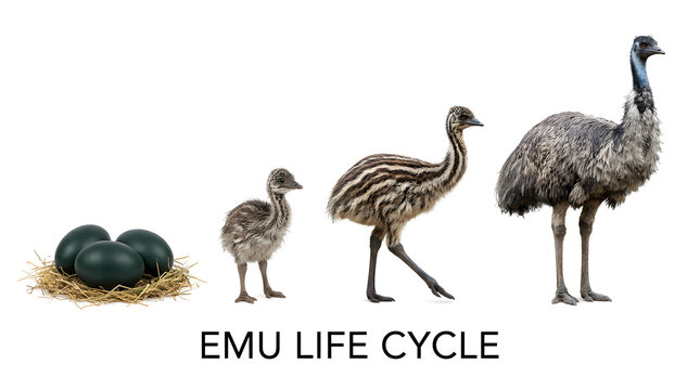 Emu life cycle illustration showing egg, chick, juvenile, and adult emu