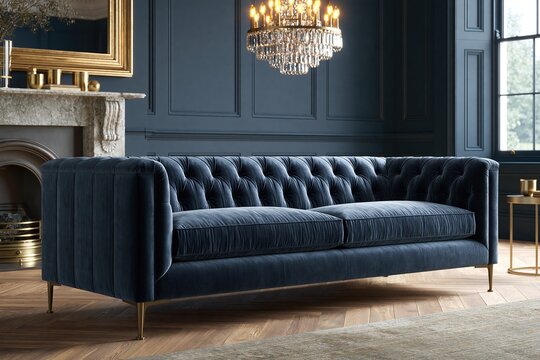 Blue velvet sofa in elegant living room interior