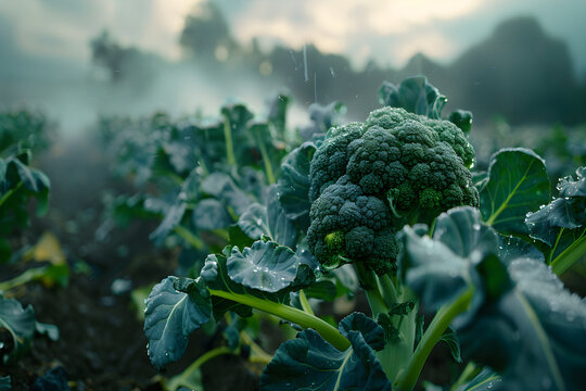 Fresh broccoli head growing among leafy plants with rain droplets in a lush agricultural field