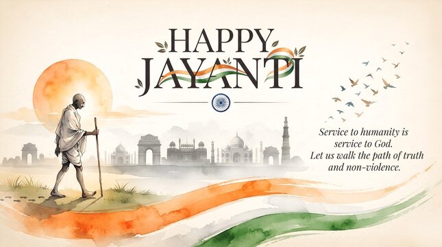 Happy Gandhi Jayanti banner with Mahatma Gandhi walking watercolor tricolor flag and indian monuments